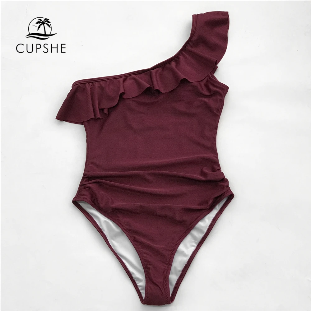 CUPSHE темно-синий цельный купальник на одно плечо женский однотонный с рюшами