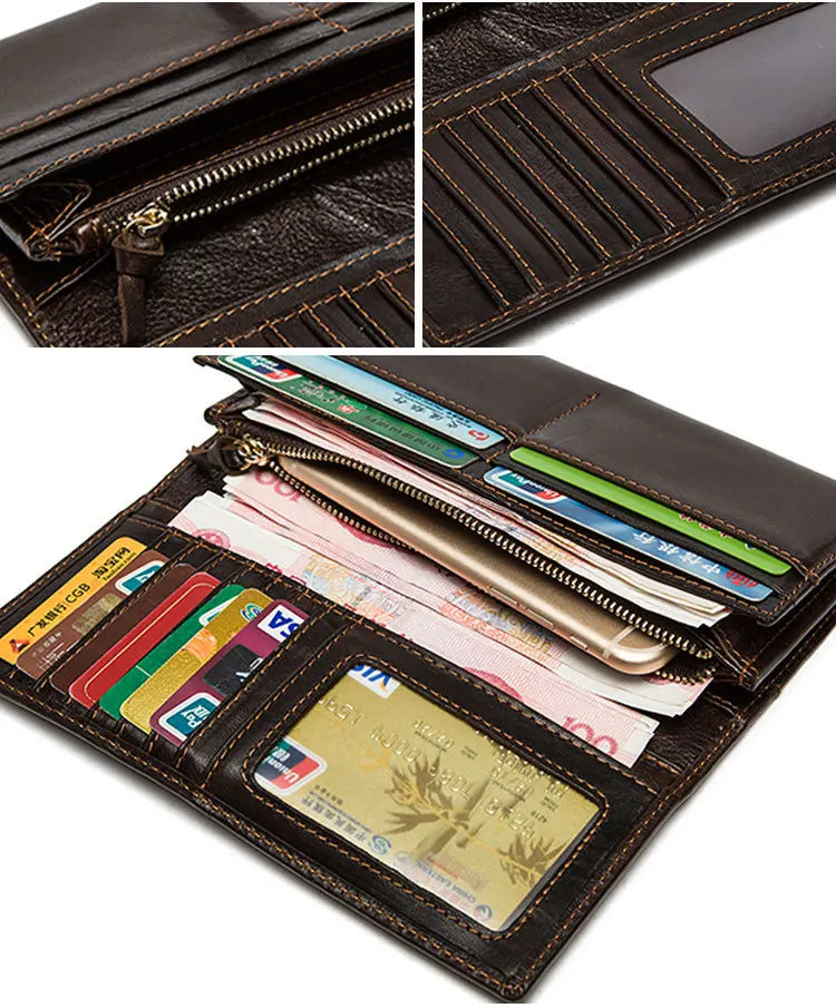 MJ Men's Genuine Leather Wallet Bi-Fold Real Leather Long Wallet for Men Quality Card Holder Male Purse Coin Pocket Dark Coffee (14)