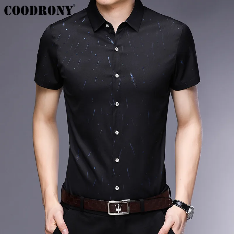 Cena COODRONY koszula męska z krótkim rękawem 2019 letnia fajna koszula męska koszule biznesowe w stylu casual moda męska wzór gwiazdy koszulka Homme S96034