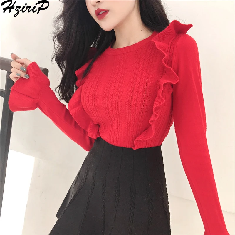 

Hzirip Knitted Sweater Autumn Winter New Pullover Wild Women Tops Slim Loose Flare Sleeve Soft Simple Warm Casual Female Clothes