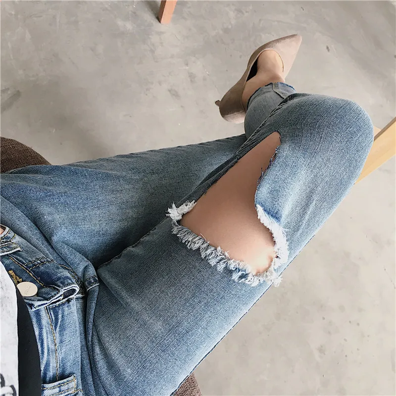 Для женщин Boyfriend Denim Винтаж отверстие Рваные джинсы sexy Высокий эластичный пояс Повседневное брюки женские, тонкие узкие женские