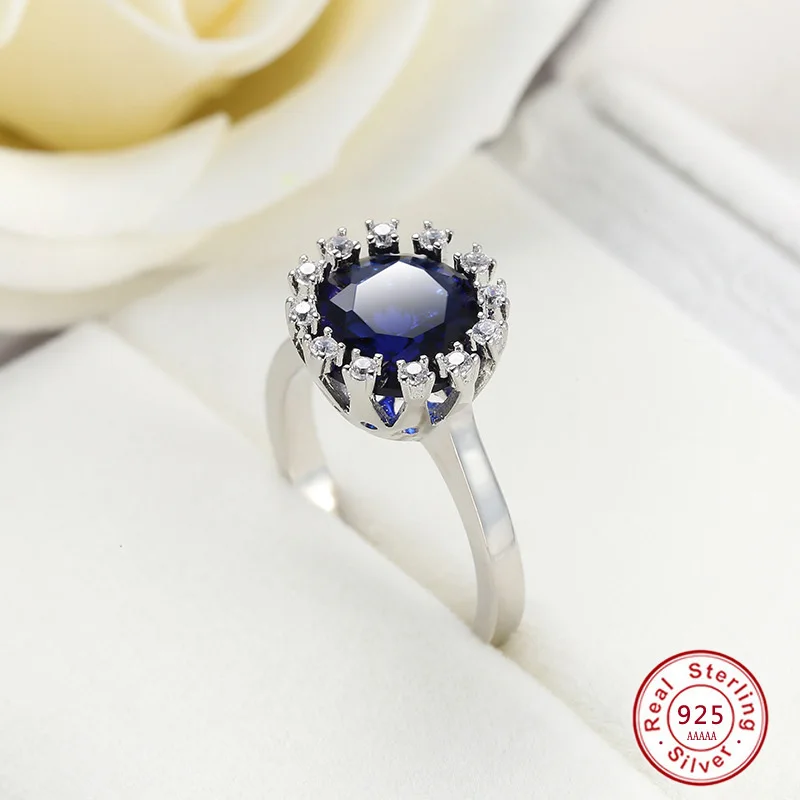 

Luxury Real 925 sterling silver Ring 1Ct blue CZ Wedding Jewelry Rings Engagement For Women wedding jewelry