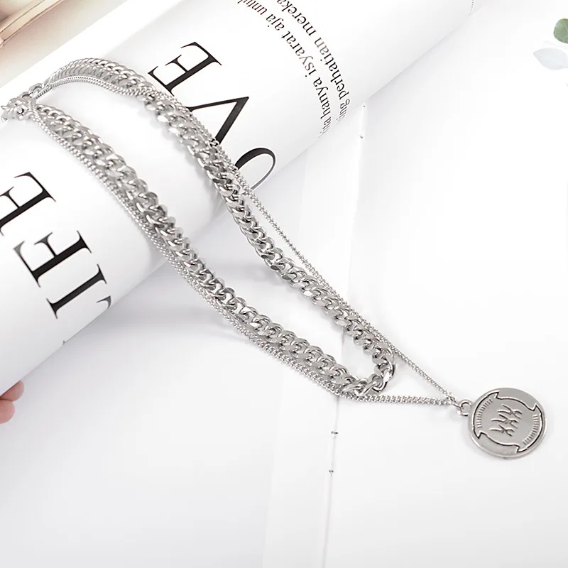 

Fashion retro simple necklace female personality hip hop metal double neck collar necklace chain hot sale