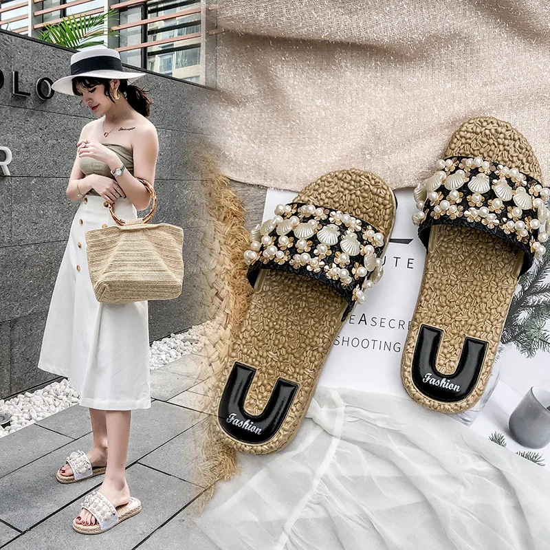 

Beaded Slippers Female Summer Fashion Wild Personality Slippers Casual Cute Fat Bottom Holiday Beach Shoes