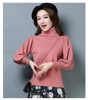 

2019 Autumn Winter Women Knitted Sweater Lantern Sleeve Turtleneck Casual Soft Jumper Knit Sweater Femme Elasticity Pullovers