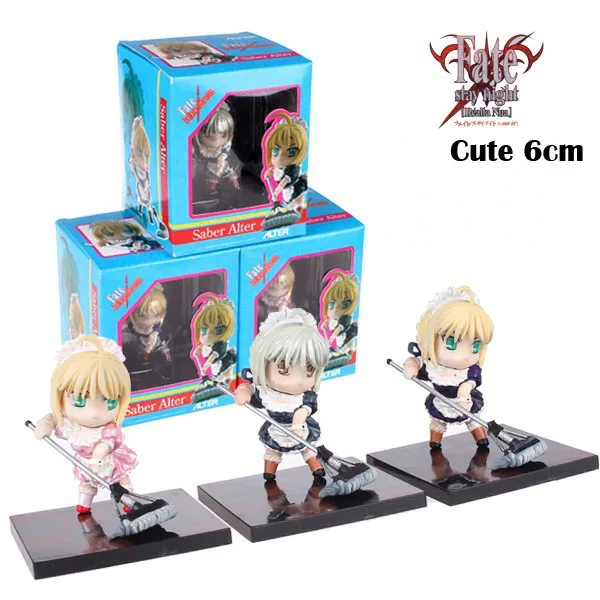 

Free Shipping Cute 2.4" Fate Stay Night Saber Alter in Apron Dress Sweeping Boxed 6cm PVC Figure Collection Model Doll Toy Gift