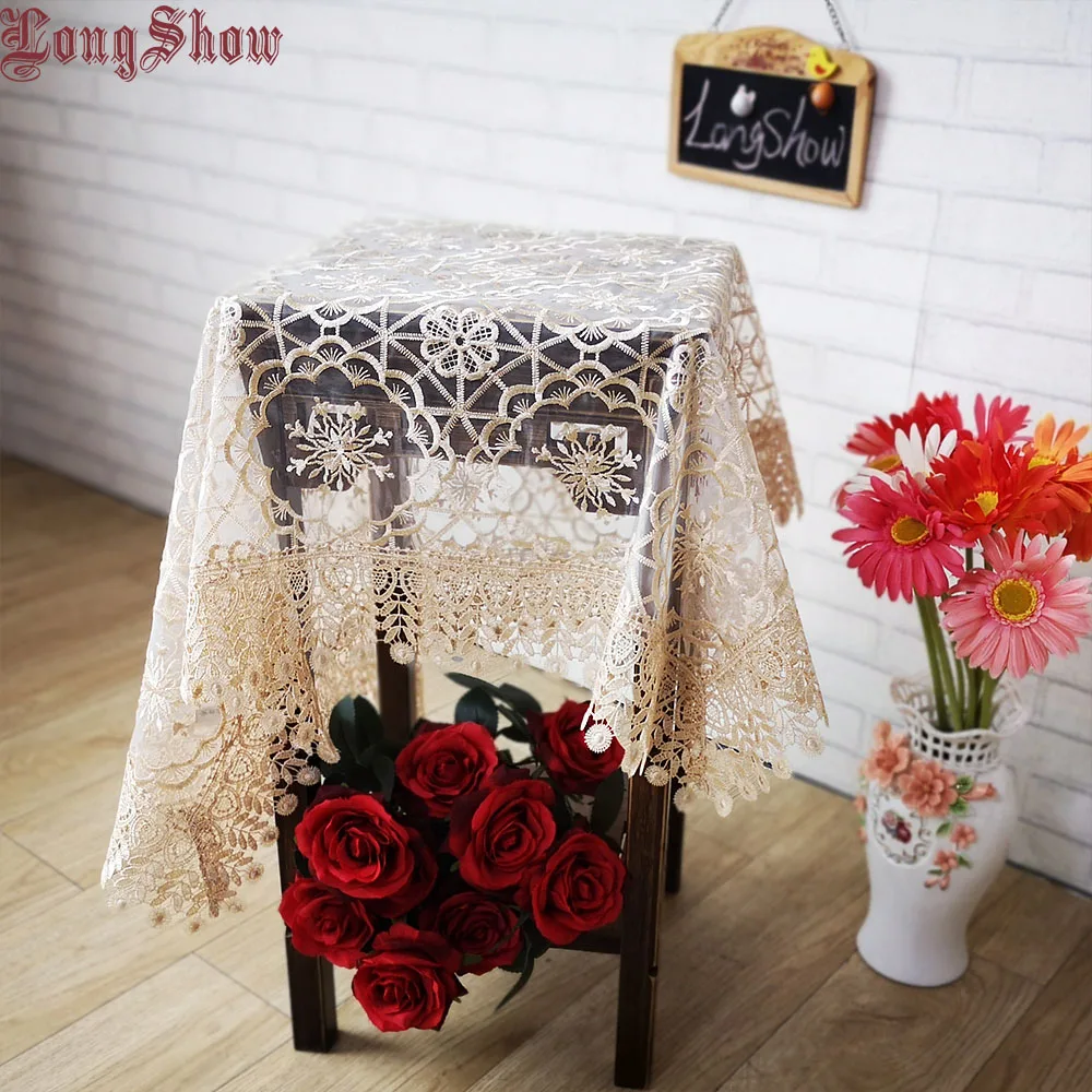 

85x85cm Elegant American Style Gold Transparent Organza Embroidered Tablecloth For Banquet Decoration