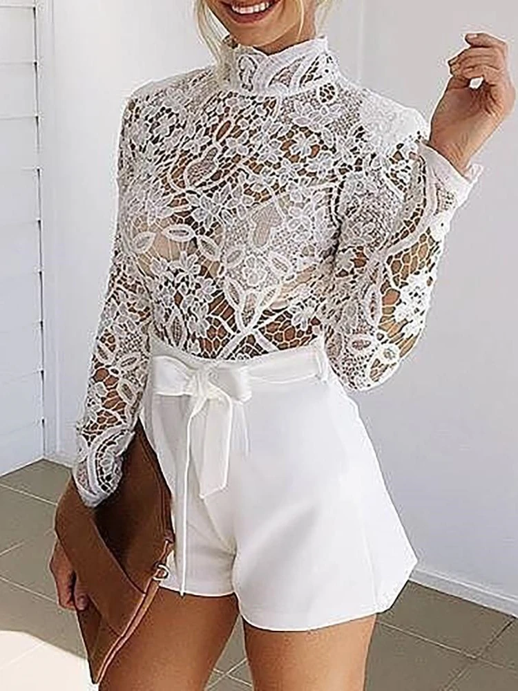 

Women Summer Elegant White Lace Jumpsuit Female Vacation Casual Playsuit Mock Neck Hollow Out Lace Patchwork Romper