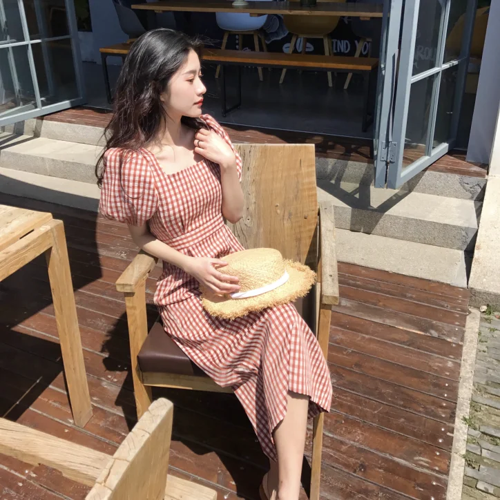 

Retro Plaid Square Neck Dress a Line Puff Sleeve Slim Waist Long Dress Summer Robe Longue Vestido Largo Vestiti Lunga