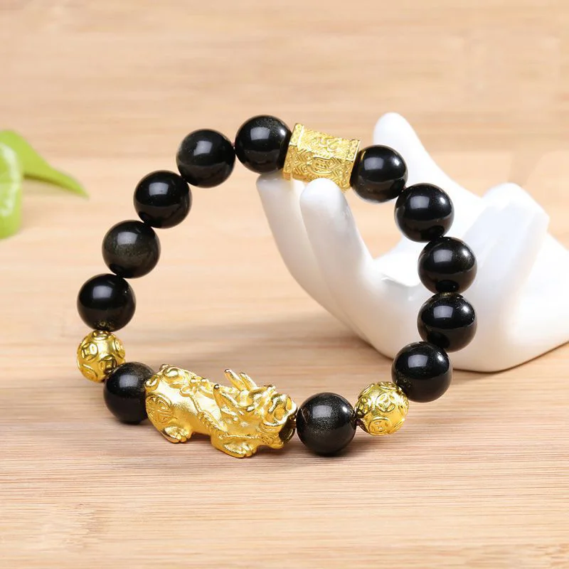 Натуральный камень бусины браслет для мужчин с аллювиальным золотым цветом Pixiu Шарм шесть слов мантра бусины тигровые глаза деньги амулет - Окраска металла: Gold Obsidian