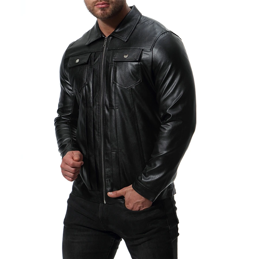  2019 New Fashion Mens Black PU Leather Jacket Loose Comfortable Men Fall and Winter Motorcycle Coat