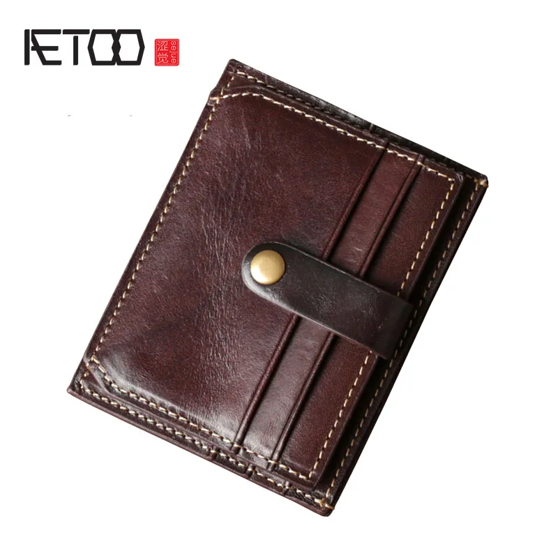 

AETOO The first layer of leather men's small card package tanning leather short paragraph Ms. multi-card small card Vintage