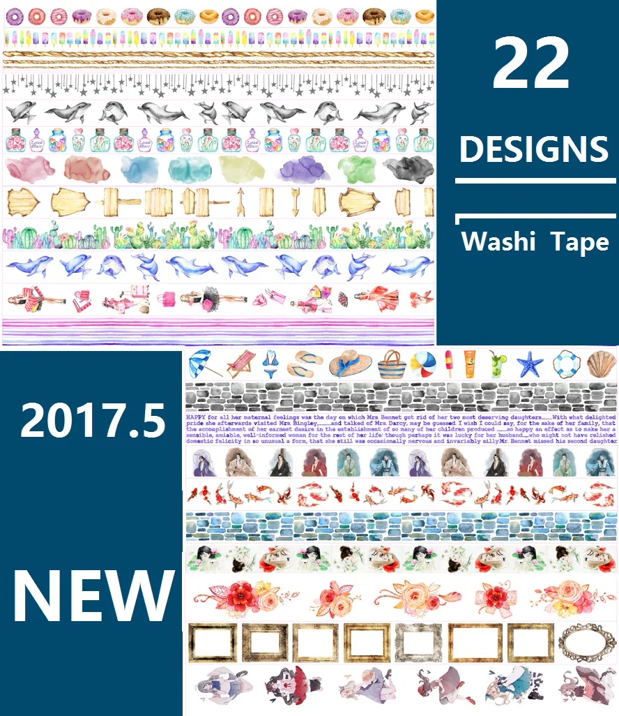 

22Designs Flowers/Dolphin/Girls/Goldfish/Feather/Cake Japanese Washi Decorative Adhesive DIY Masking Paper Tape Sticker Label