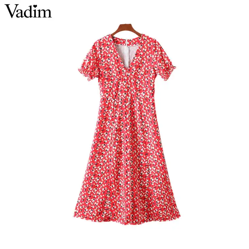 

Vadim women stylish V neck floral print midi dress back zipper short sleeve female retro mid calf dresses vestido QB729