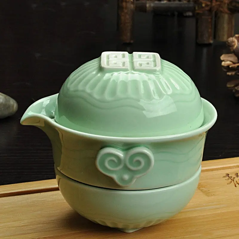 

Chinese KungFu Tea Tureen One Pot of Two Cups Travel Tea Gaiwan Set Handmade E