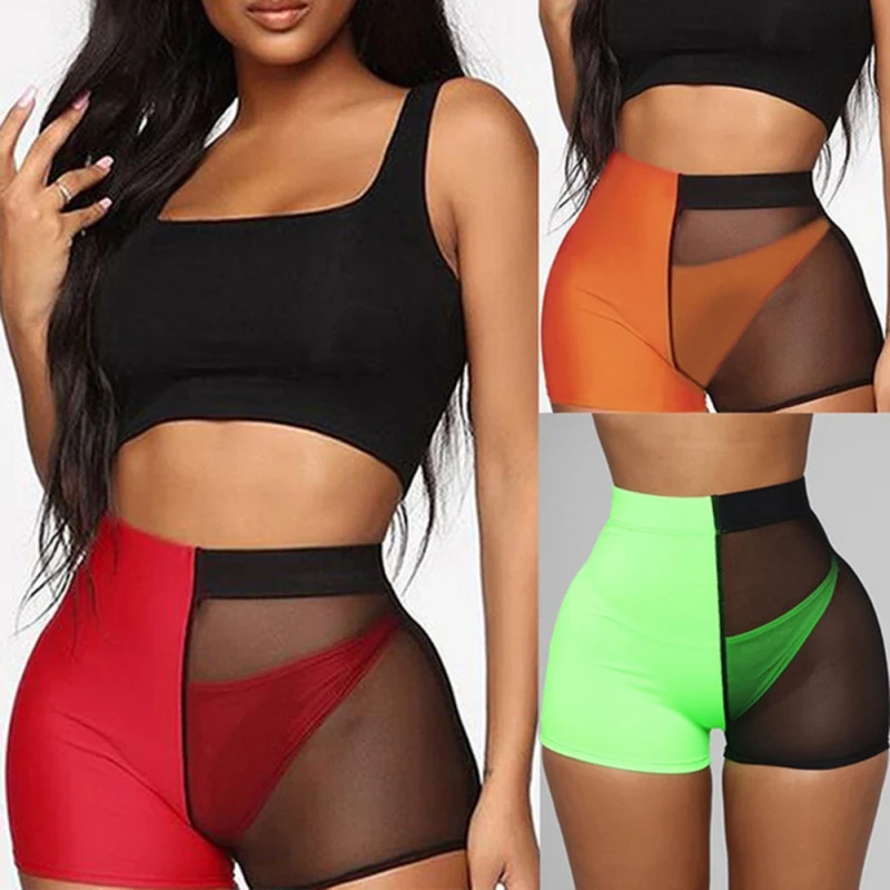 

2019 Women Casual Shorts Mesh Patchwork Design See Through Shorts Fashion High Waist Slim Sexy Shorts Ladies Streetwear Shorts