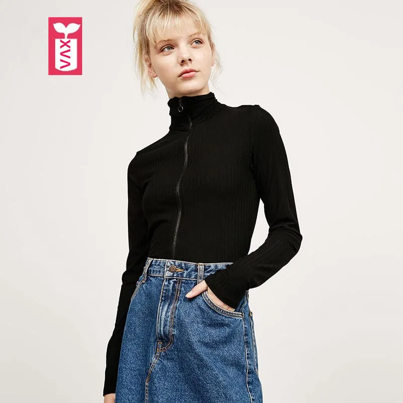 Sweet Autumn 2018 Female Knitting Cardigans Zipper Long Sleeve Sweater Womens Ladys Black High Collar Clothing |