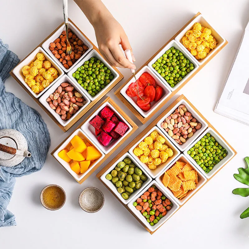 

Bamboo Rectangle Storage Tray Creative Multi Grid Fruit Dessert Plates Multifunction Mini Ceramic Foods Classify Snack Dishes