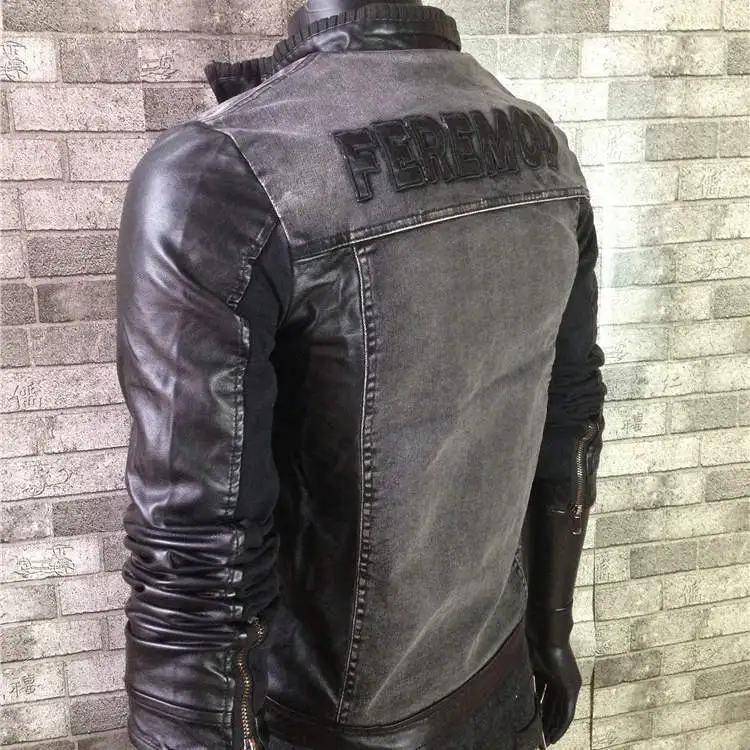 motorcycle denim jacket with leather sleeves