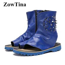 Синие кожаные мужские сандалии на плоской подошве с заклепками; летние ботинки; мужские сандалии-гладиаторы; модные пляжные вьетнамки; Sandalias Masculino; обувь