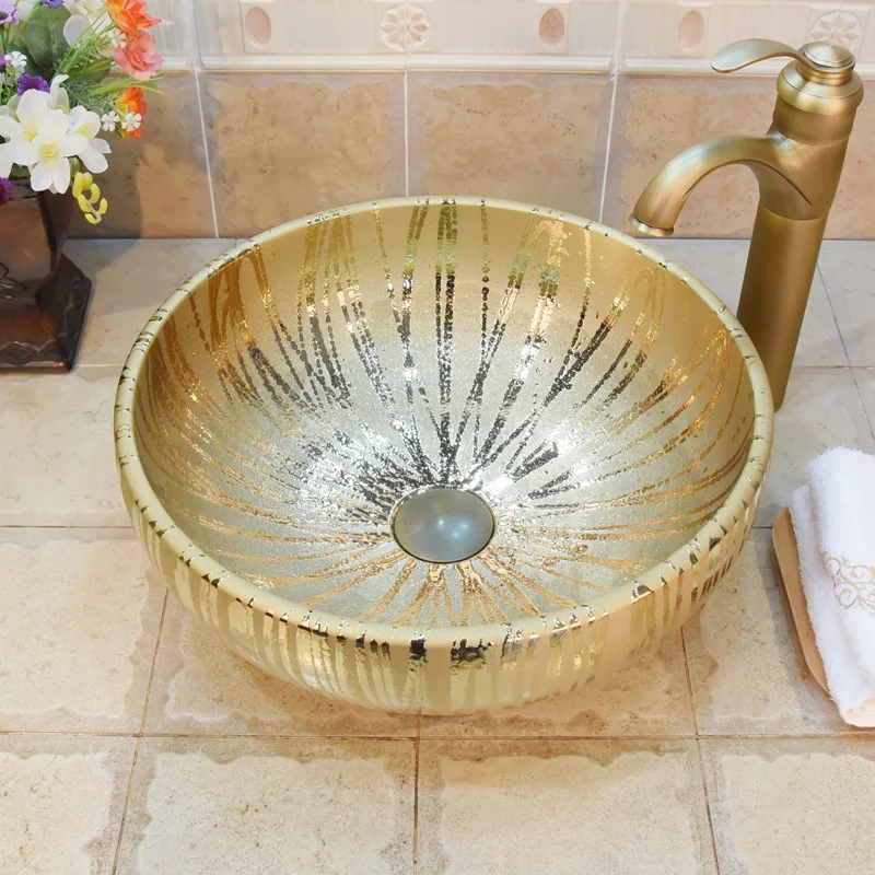 Chinese washbasin ceramic sink Jingdezhen Art Counter Top golden porcelain ceramic wash basin bathroom sink (5)