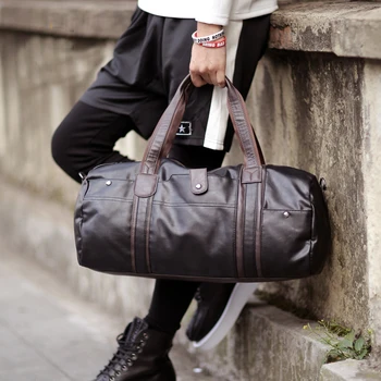 

Men Women Large Travel Duffle Bag Thick Leather Men's Travel Bags Black Shoulder Handbag Male Round Bucket Shape Messenger Totes