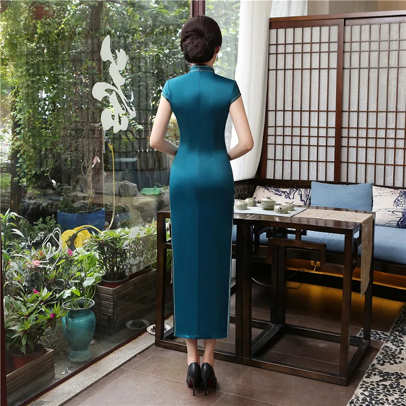 Шанхай история долго Cheongsam из искусственного шелка китайский высокое Разделение Qipao платье двойной Слои Винтаж платье Чонсам тонкий