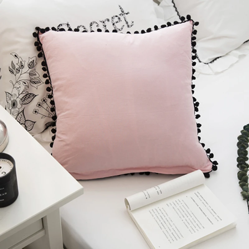 Cotton Pink Cute Cushion with Little Round Tassel for Sofa Bed 3 Colors