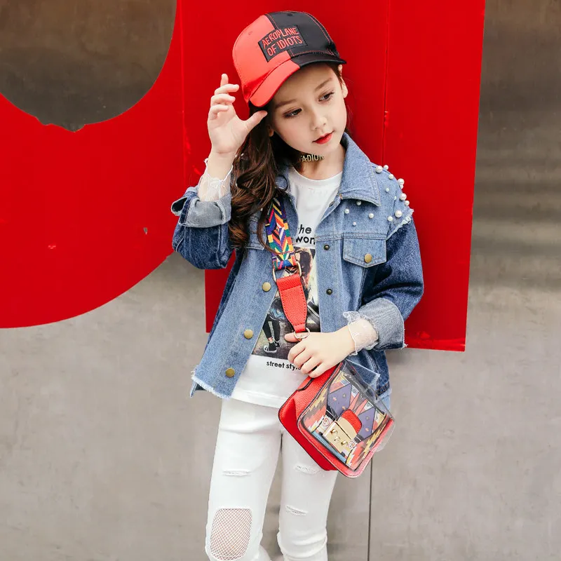 

2018 Baby Girls Denim Jeans Jacket Broken Design Pearls Patchwork Style Fashion Clothes for Age4 5 6 7 8 9 10 11 12T Years Old