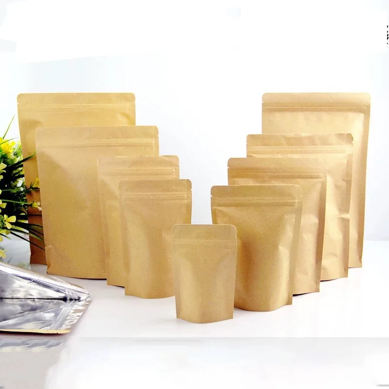 

100pcs Kraft Paper Ziplock Bag Stand up Mylar Foil Packaging Bag High Barrier Kraft Paper Zipper Coffee Bag Gift Bag