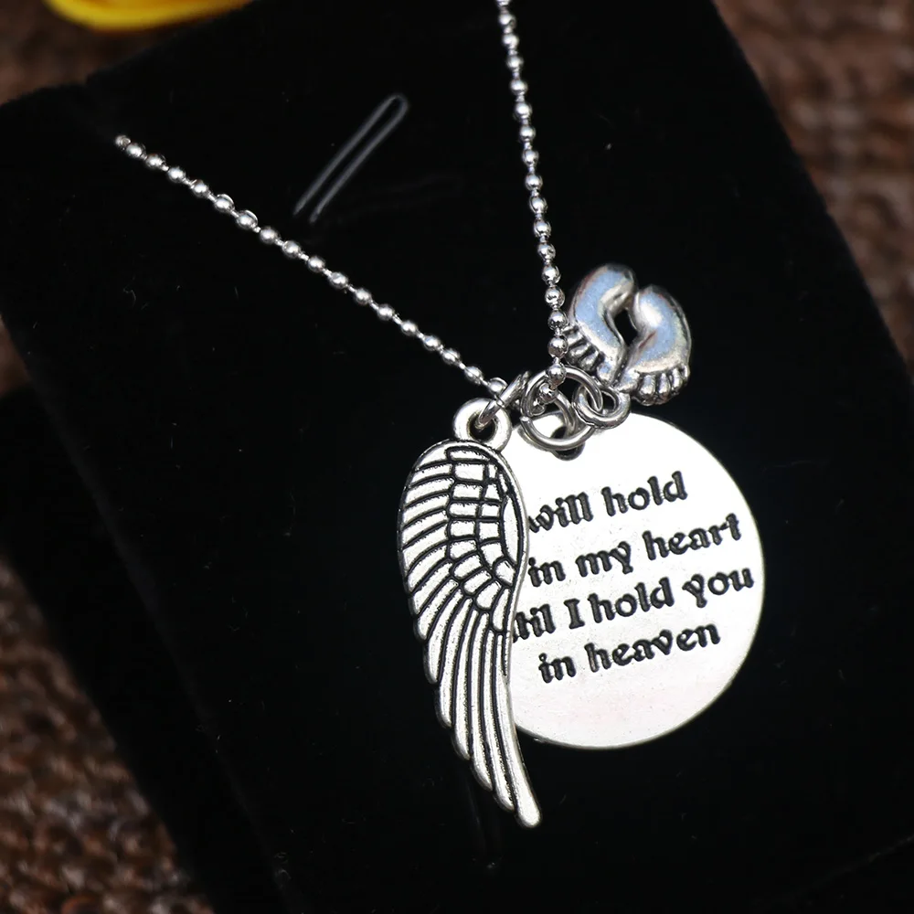 

Mother I will hold You in my heart Baby Memorial Angel Footprint Necklace Loss Miscarriage Heaven Pendant