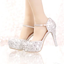 Silver Rhinestone Bridal Wedding Dress Shoes Ankle Straps Round Toe Bride Shoes Platform Formal Dress Shoes Prom Party Pumps