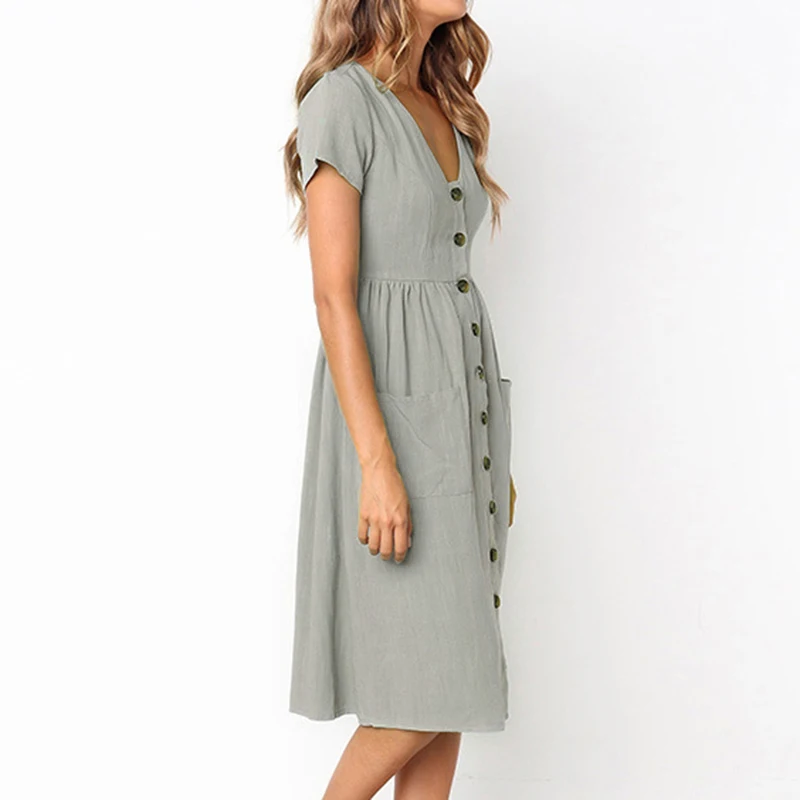 Women's Sexy Summer Dresses 2019 Boho Short Sleeve Button Solid Midi Dress Sundress With Pockets Lady Beach Party Dress Vestidos