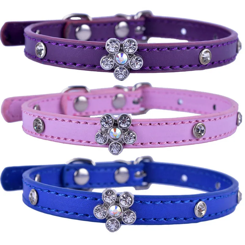 

Fashion PU Leather Cat Collar Rhinestone Flower Charm Crystal Studded Collars For Cats Small Pet Dog Cat Supplies