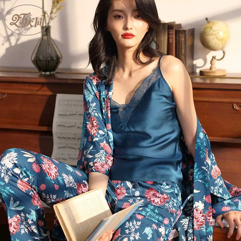 

Spring and Summer Womens Pajamas Cotton Sexy Lace Sleepwear Suspenders Seven-part Sleeves Long Trousers Pijama 3-piece Suits