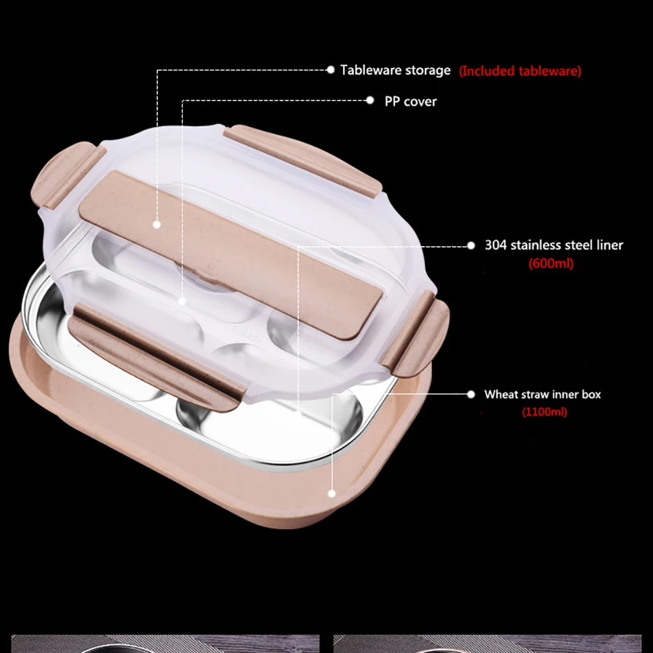 ONEUP stainless steel Lunch box Eco-friendly Wheat Straw Food container with cutlery Bento Box With Compartments Microwavable 9