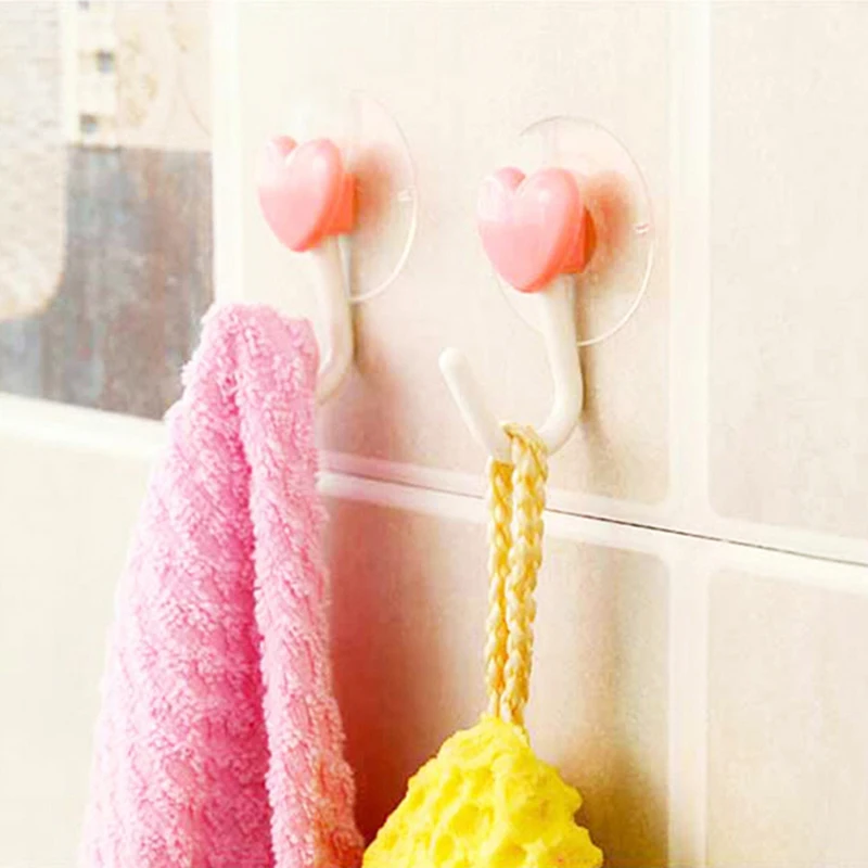 

2pcs Love Heart Towel Storage Rack Sucker Hook Bathroom Kitchen Wall Organizer Holder Strong Suction Cup Hook