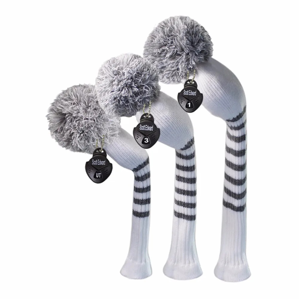 

White Color Grey Stripes Knit Golf Head Cover, for Driver wood, Fairway and Hybrid, Durable and Washable