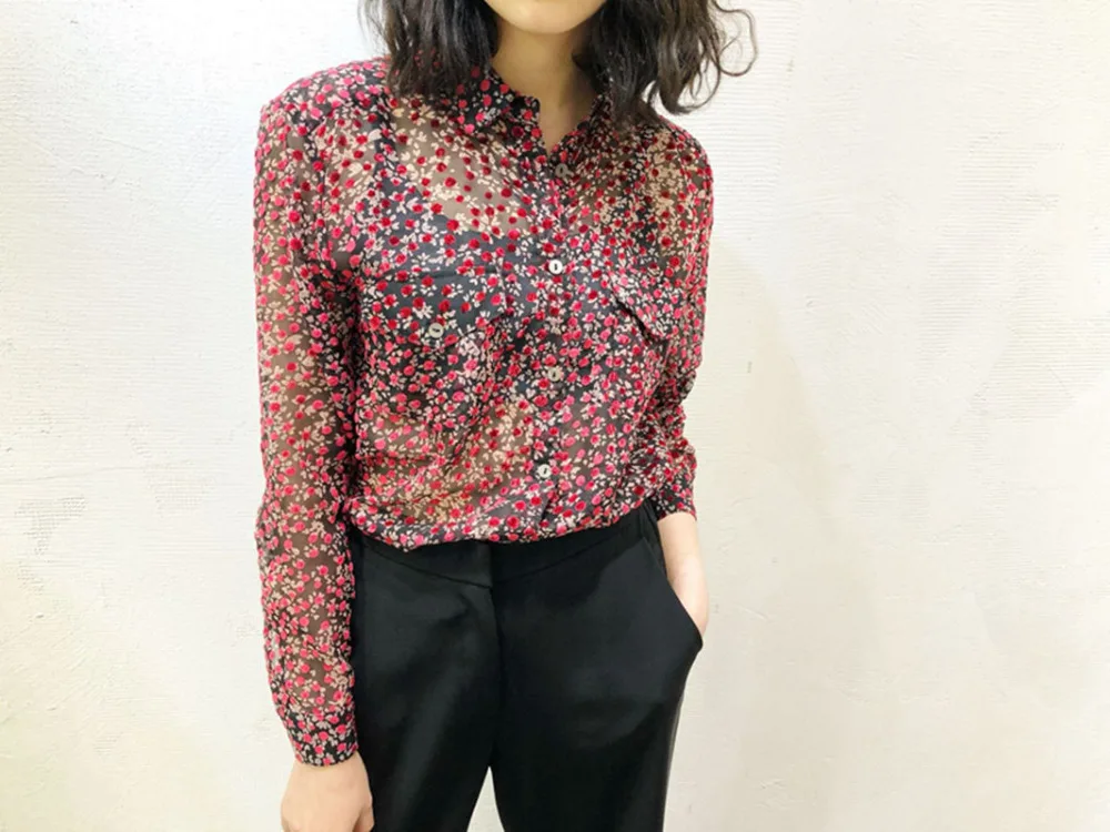 

Women Flocking Flower Double Pockets Micro Perspective Sexy Blouse
