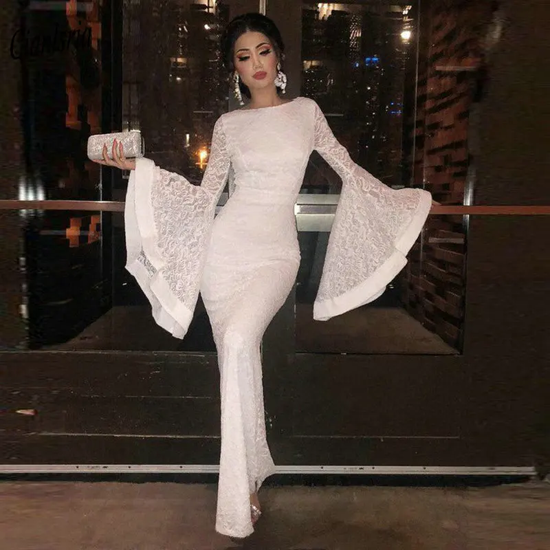 

Boat Neck Dubai Arabic Full Lace Mermaid Evening Dress 2019 Long Flare Sleeve Islamic Kaftan Saudi Formal Evening Party Dresses