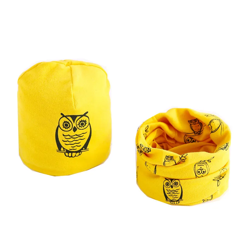 Новая осенне-зимняя шапка для маленьких девочек, шарф, комплект с рисунком совы, звезды, Весенняя шляпа для младенцев, детская шапка, шарф, воротник, комплекты, хлопковые детские головные уборы, комплект - Цвет: yellow owl