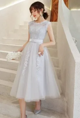 New Bride Wedding Dress Tea Length Cap Sleeve Lace Appliques