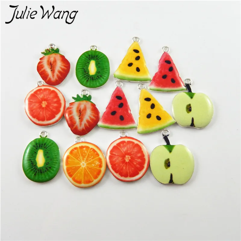 Julie Wang 10pcs Green Apple Kiwi Orange Strawberry Cute Fruit Shape Enamel Alloy Little Charms Women Jewelry Findings Hot Sale