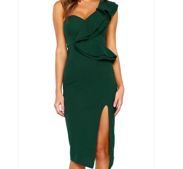 

One shoulder ruffles sexy dress women Split high waist wine red party dresses Elegant Summer ladies Party bodycon dress