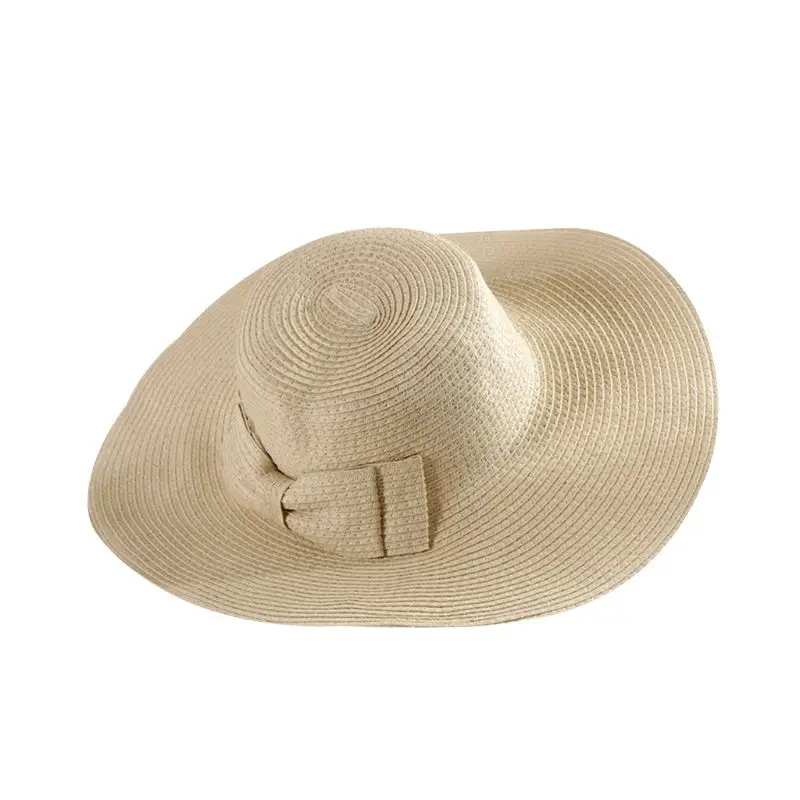Женская летняя Соломенная пляжная шляпа с полями, двухслойная, с большим бантом, однотонная Кепка с покрывалом, широкими полями, складная, защита от ультрафиолета