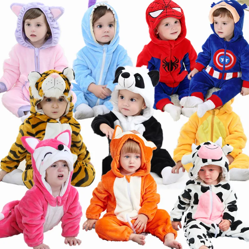 

2019 Baby Rompers Winter Warm overalls Cartoon Animals Hoodied Fox Mouse Milk Cow Fox Coral Fleece one piece Newborn baby boy