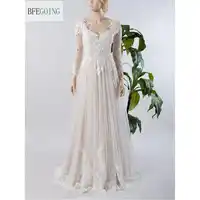 Ivory Lace Tulle Long Sleeves Floor-Length V-Neck A-line Wedding Dress Court Train Custom made