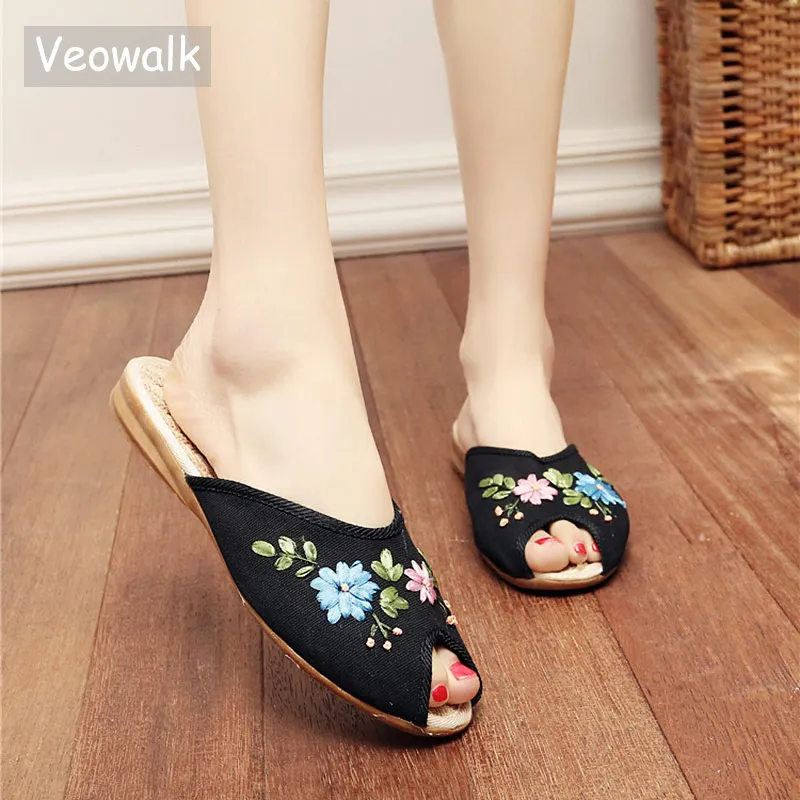 Veowalk Flowers Appliques Women's Casual Canvas Open Peep Toe Flat Slippers Summer Ladies 