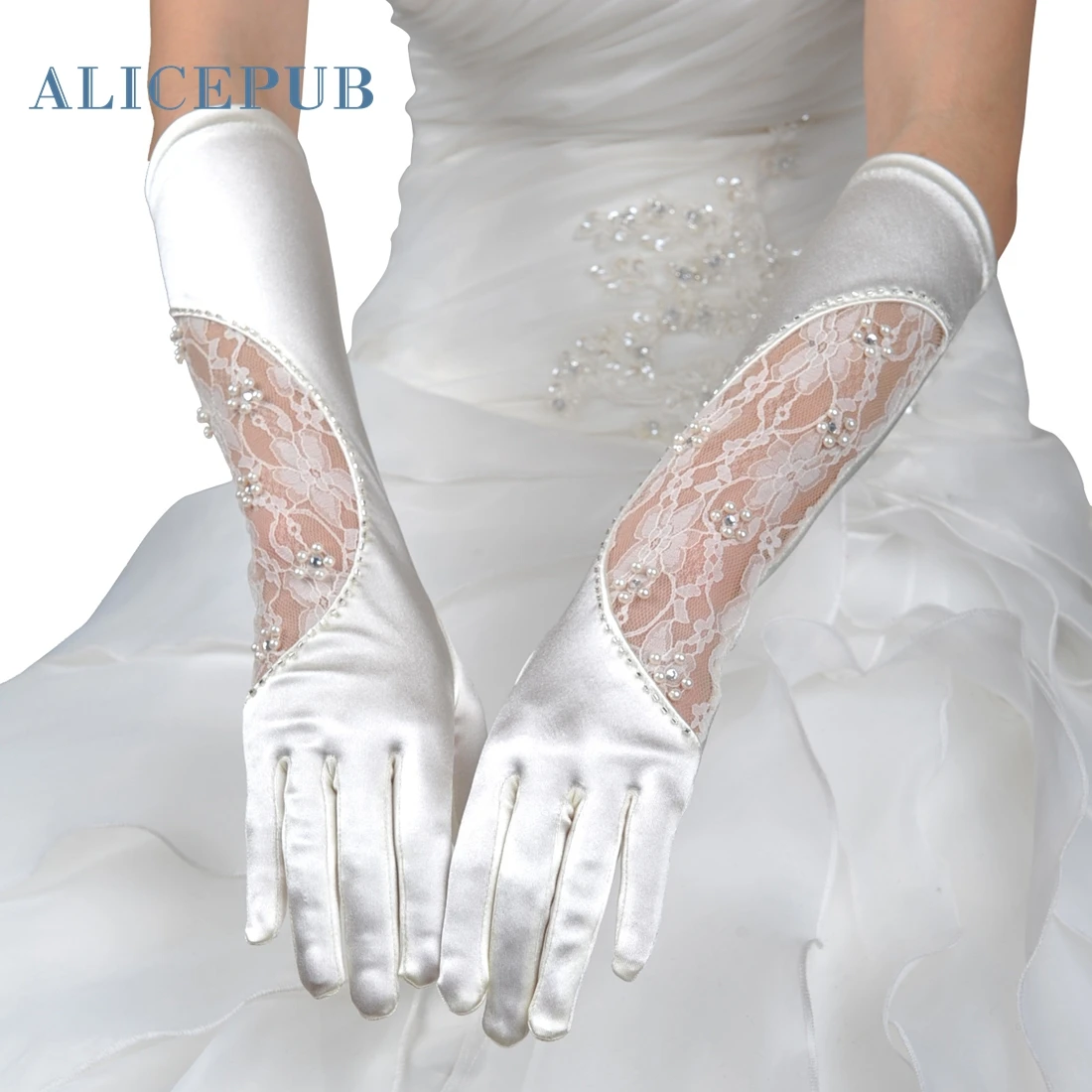 Ivory Elbow Length Satin Lace Wedding Gloves Pearl and Rhinestone