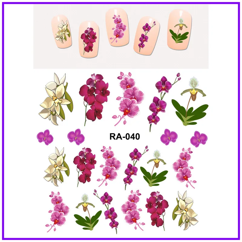 UPRETTEGO дизайн ногтей Красота воды Наклейка слайдер наклейки на ногти цветок витиеватая Орхидея фиолетовый розовый лепесток RA037-042